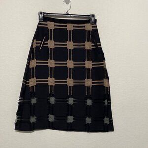 Tibi Black Tan Checkered A-Line Skirt Cotton Silk Blend Size 2